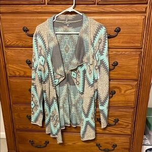 Aztec Patterned Open Front Cardigan Sweater - Blue and Beige